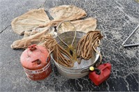 Wash Tub, Fish Net, Rope, & Gas Cans