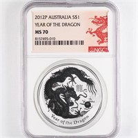 2012 Silver 1oz Year of the Dragon NGC MS70
