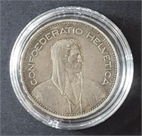 1939 .835 Silver 5 Franc Swiss Coin