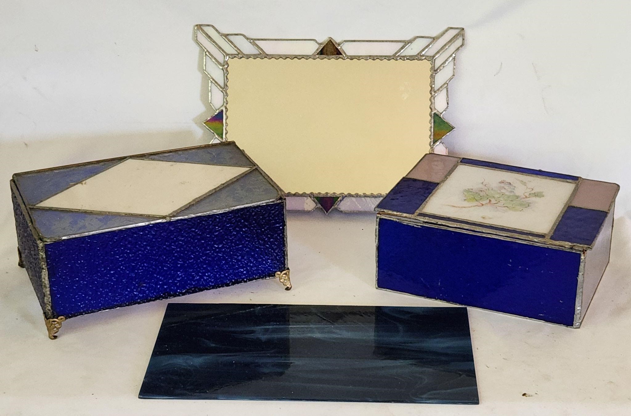 Vintage Stained Glass Jewelry Box & Mirror Lot