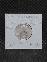1934 Heavy Motto Washington Silver Quarter