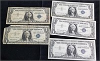 5 $1 Silver Certificates, 3 Sequential Notes