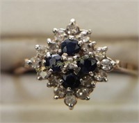 9K GOLD SAPPHIRE AND DIAMOND CLUSTER RING
