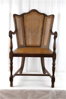 Vintage Caned Walnut Wing Back Arm Chair