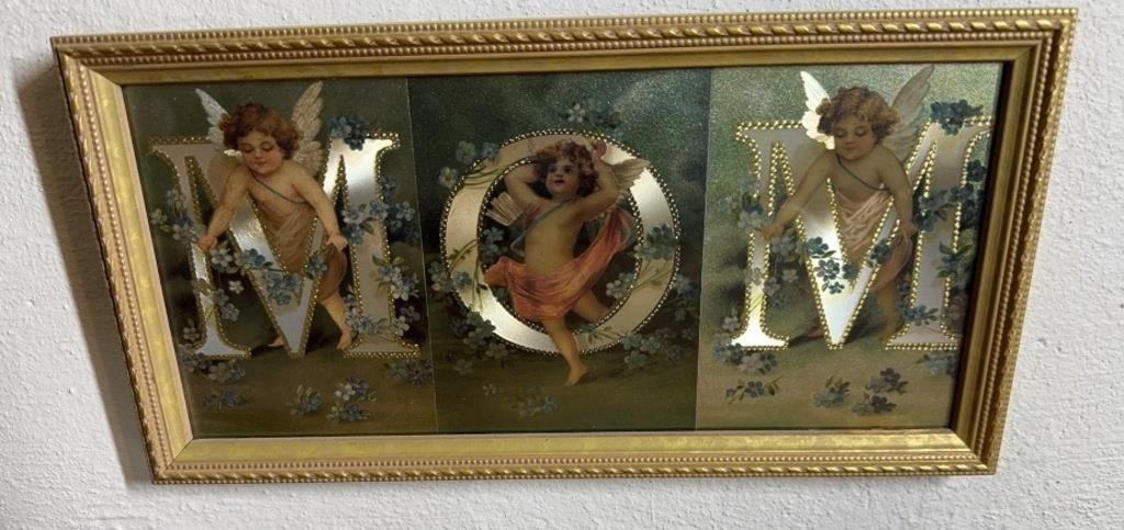 Vintage Framed Postcard Art “MOM” Angel Cherubs