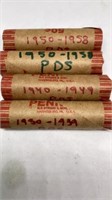 (4) rolls 1930-1958 wheat pennies
