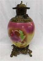 Antique glass oil lamp w/ floral design,