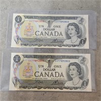 2- 1973 CDN $1 bills w consecutive serial numbers