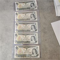 5- 1973 CDN dollar bills consecutive serial
