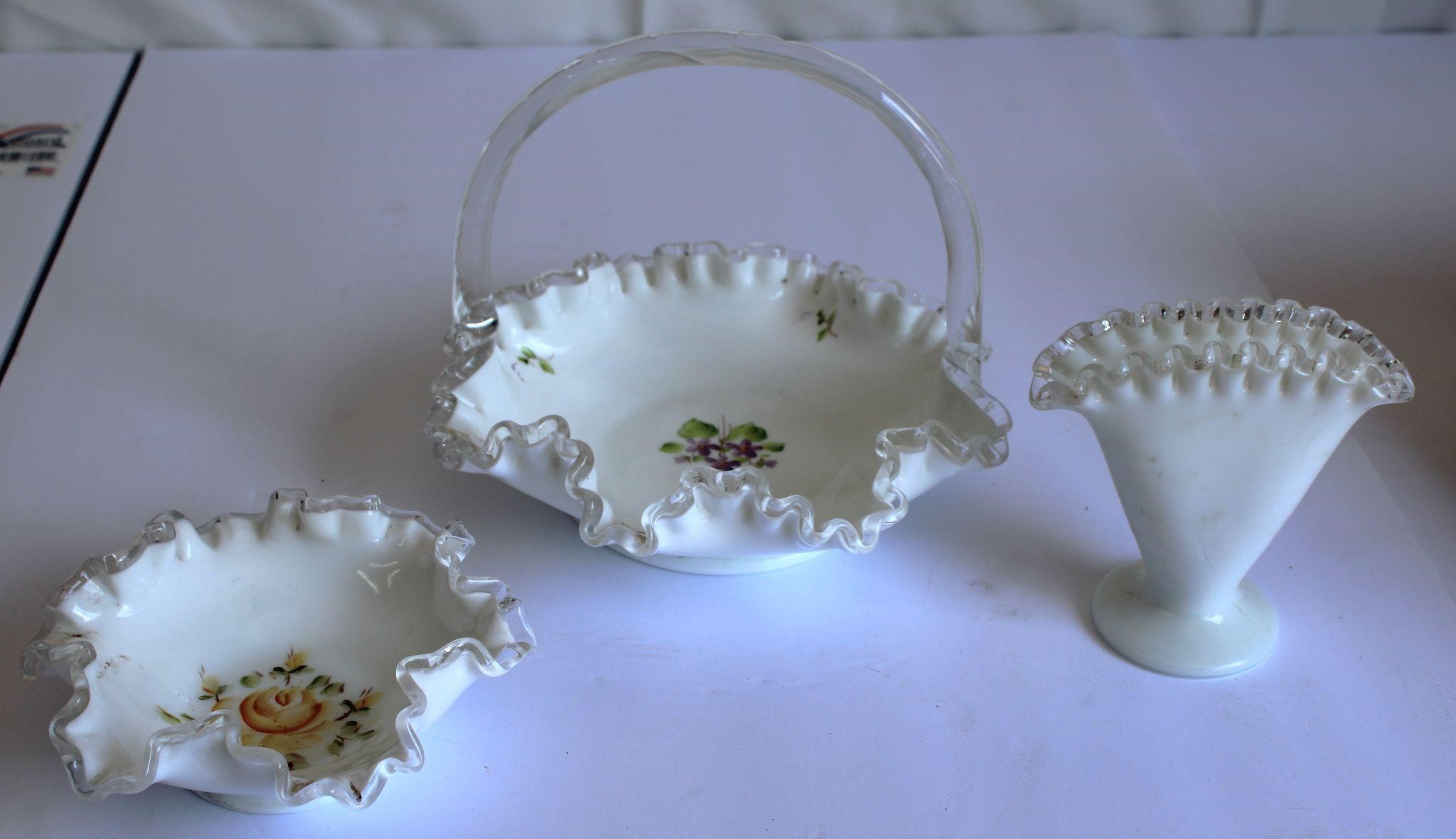 Vintage Fenton Milk Glass Basket Bowl & Fan Vase