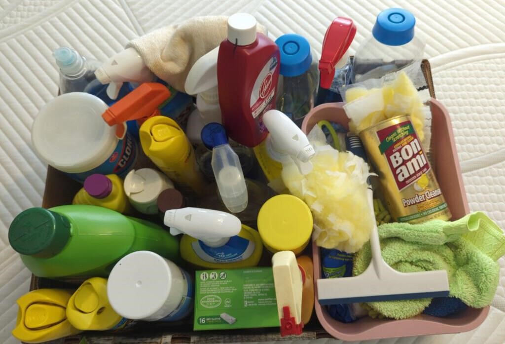 Box lot of cleaning supplies