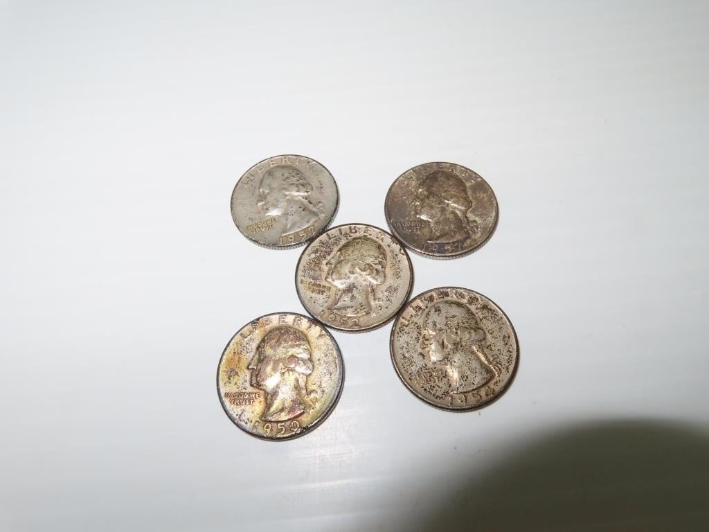 5 Silver Quarters 50s - 52S - 54D - 57 & 57D