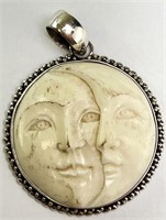 Sterling Moonface Carved Ox Bone Pendant 6 Grams