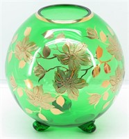 Bohemian Green & Gold Footed Art Glass Ball vase