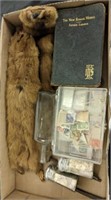 FUR, VINTAGE BOTTLES AND STAMPS