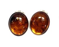 Sterling silver bezel set amber clip earrings,