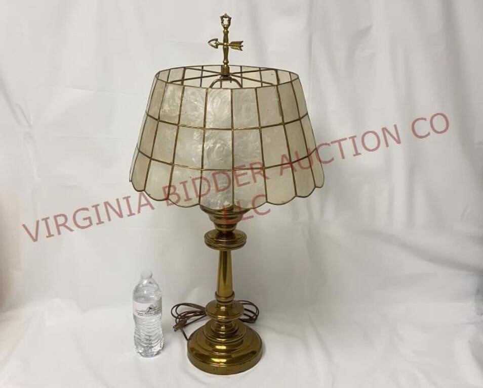 Mid Century Brass Table Lamp w Capiz Shell Shade