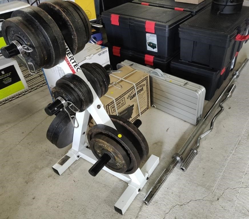2 Weight Bars & Weight Rack w/ Multiple Weights