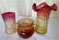 3 Amberina Art Glass Vases - Different Patterns