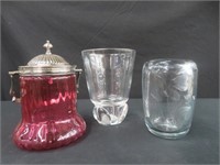 2 GLASS & 1 SINGLE HANDLE LIDDED GLASS JAR