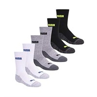 PUMA boys 6 Pack Cut Crew Socks, White/Grey/Black,