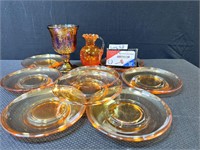 Orange/Carnival Glass Cup, Plates, Pitcher