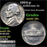 1964-p Jefferson Nickel 5c Grades GEM 5fs