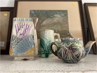 (2) Majolica Cream Pitchers with Teapot