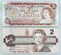 2 billets de 2$ CANADA 1974 et 1986