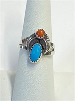 Sterling Turquoise & Coral Ring  Sz 7