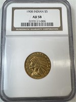 1908 Indian $5 Gold Coin AU58