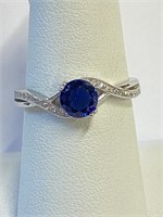 .925 Silver Blue Sapphire Ring Sz 8   E