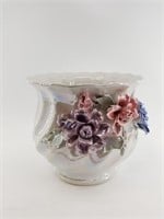 Iridescent planter with flowers, 10" tall x 10" wi