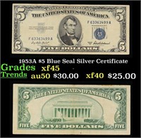 1953A $5 Blue Seal Silver Certificate Grades xf+