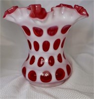 Fenton Coin Dot Cranberry Ruffled 6" Vase