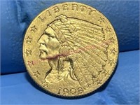 1908 Gold $2.50 Indian Quarter Eagle Coin