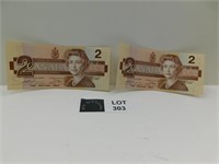 2 1986 CANADA 1 DOLLAR NOTES IN SEQUENCE
