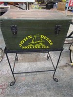 JOHN DEER WOODEN CRATE W/ CHECKERS GAME ON STAND