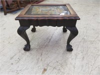 ANTIQUE CARVED BALL AND CLAW  NEEDLEPOINT TABLE
