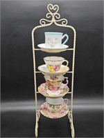 Shabby Chic White Metal Stand w/ 4- Teacups