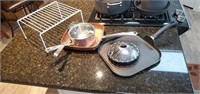 Pans, steamer, scoop, cabinet rack