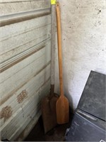 Small grain shovel, boat paddle, air tank, misc