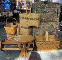 Suitcase, 6 baskets, wood shelf & stool