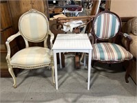 Vintage Upholstered Armchairs, Side Table