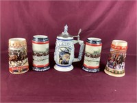 Five Mugs/Steins- Four Are From Budweiser, 1 Is