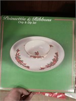 Poinsettia and ribbon chip-and-dip set new in box