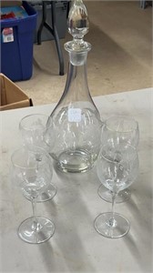 Grape Etched Crystal Decanter and Four Glasses