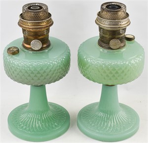 Pair of Aladdin Model B Jade Green Oil Lamps