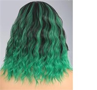 Short Bob Wavy Black Ombre Green Wig For Women