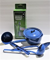 Blue Enamelware: Pot w/ Lid, 2 Ladles, 1 Spoon